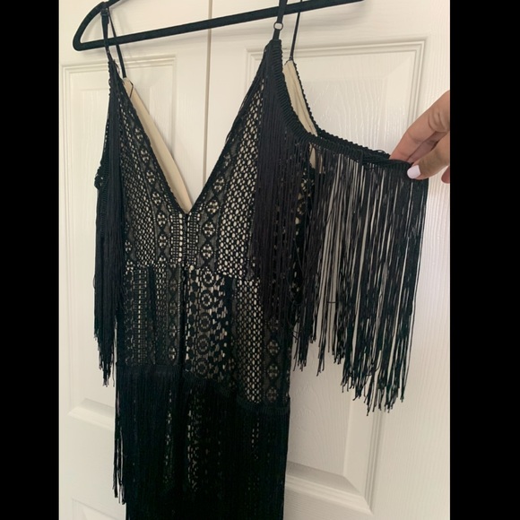 Black fitted fringe and crochet overlay jumpsuit - Picture 5 of 6